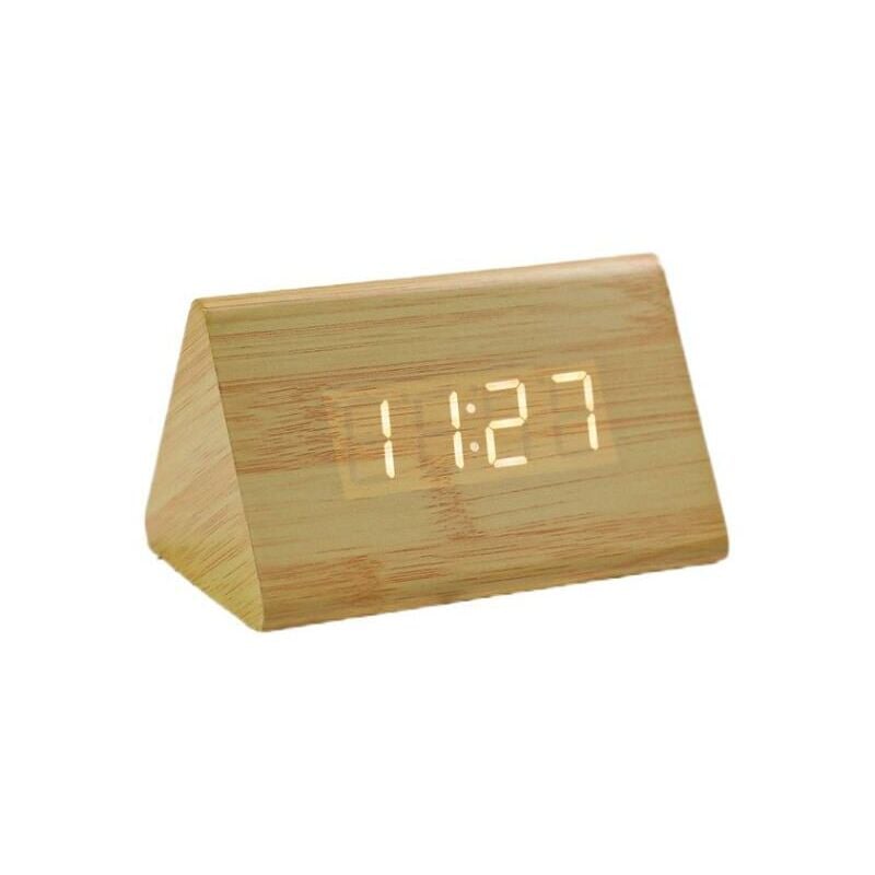Horloge numérique en bois à lumière blanche LED Triangle créatif Température et heure -Couleur bambou