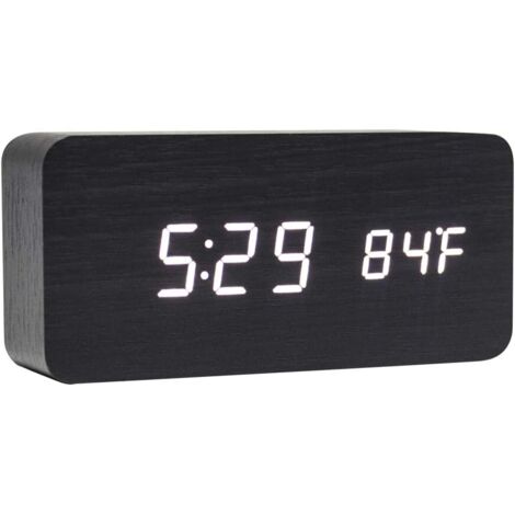 Horloge numérique en bois, multifonctionnelle, avec alarme LED et commande vocale, idéale pour la maison. Bois noir, lumière blanche.