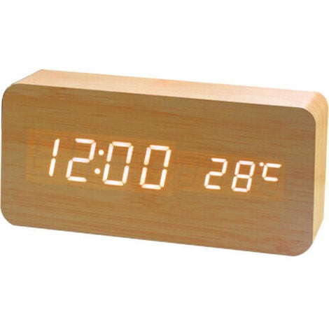 SWYEOOT Horloge Numérique en Bois - Réveil LED Multifonction avec Affichage Heure/Date/Température et Commande Vocale pour Voyage à Domicile - JauneBlanc