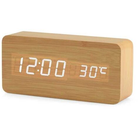 Horloge Numérique en Bois - Réveil à LED Multifonctions avec Affichage De L'heure/De La Date/De La Température Et Commande Vocale pour Le Voyage à Domicile，Couleur bois de bambou, une pièce，Fontainebl