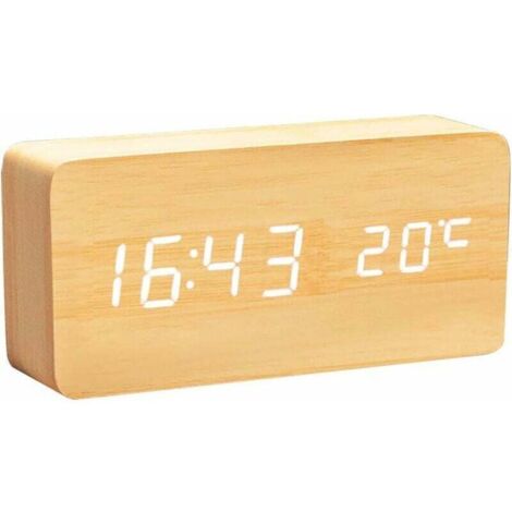 Horloge numérique en bois - Un réveil multifonctionnel avec affichage de l'heure, de la date et de la température, et commande vocale, idéal pour la maison, le bureau et les voyages.