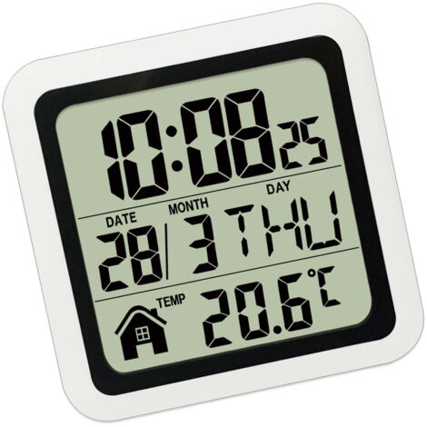 Horloge numérique étanche avec affichage multilingue du jour de la semaine, de la température, de l'heure et de la date  fixation murale par ventouse.