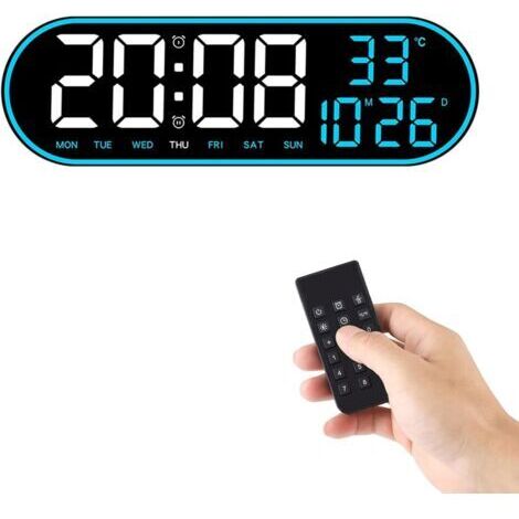 Horloge Numérique, Horloge Numérique Murale avec Télécommande, 15 Pouces Horloge Murale Réveil LED Digital Grand Ecran, Reveil Numerique à Luminosité Réglable (Bleu)