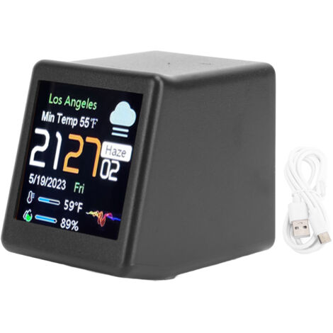Horloge Numérique Intelligente avec WiFi pour Bureau - Affichage LCD de la Météo, Température et Calendrier - Modèle Noir Compact (45x40x35mm)