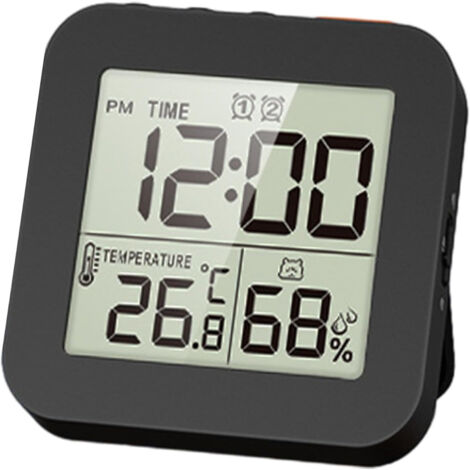Horloge numérique LCD avec thermo-hygromètre, fonction snooze et rétroéclairage - Noire