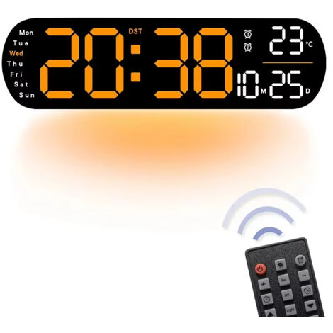 Horloge numérique LED, grand écran, horloge murale, réveil de bureau, avec fonctions d'affichage du calendrier, de la température et de la date, orange