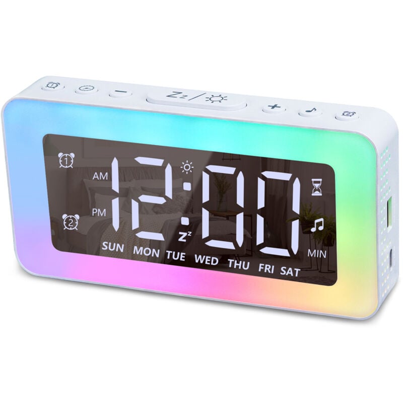Lifcausal - Horloge numérique led Réveil électronique lumineux Surface miroir Lampe de nuit avec 2 alarmes Fonction minuterie Prise en charge de 8