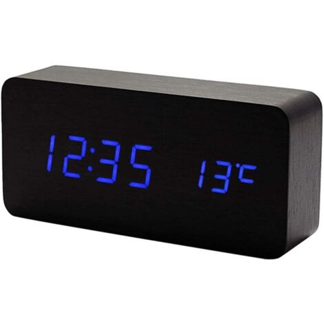 Horloge numérique multifonction en bois avec alarme LED et commande vocale, idéale pour les voyages en famille. Boîtier en bois noir et lecteur Blu-ray.