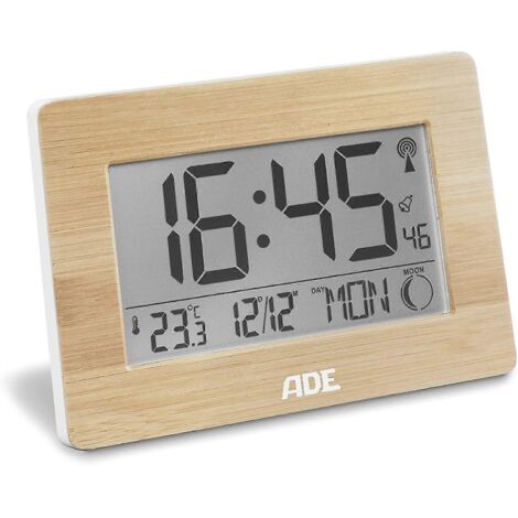 Horloge numérique radiopilotée 2024 avec signal horaire DCF, boîtier en bambou véritable, écran LCD, thermomètre, réveil et calendrier. Piles incluses.