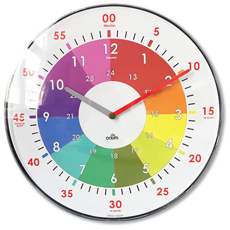 Horloge pour enfants Ø30 cm – Mouvement quartz silencieux – 2 cadrans heures et minutes – Boîtier en plastique sécurisé – Orium