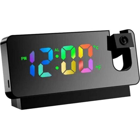 Horloge Projecteur Miroir - Grand Écran LED Numérique Écran Couleur - Réveil Projecteur Électronique Créatif - Boîtier Noir - Lumières Colorées - Rechargeable
