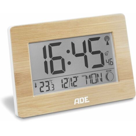 Horloge radio-pilotée Horloge numérique avec signal horaire DCF, boîtier en bambou véritable, écran LCD, thermomètre, réveil et calendrier. Y compris la batterie, 2,8 x 22,9 x 16,1 cm--