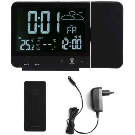 Horloge réveil avec projection, thermomètre hygromètre sans fil intérieur/extérieur, jauge de température et d'humidité. Alimentation EU 230V.