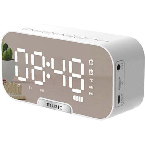 Horloge Réveil Numérique Miroir avec Haut-Parleur BT/Radio FM/Affichage Température, Lecteur Musique TF, 3 Luminosités, Support Téléphone- Blanc