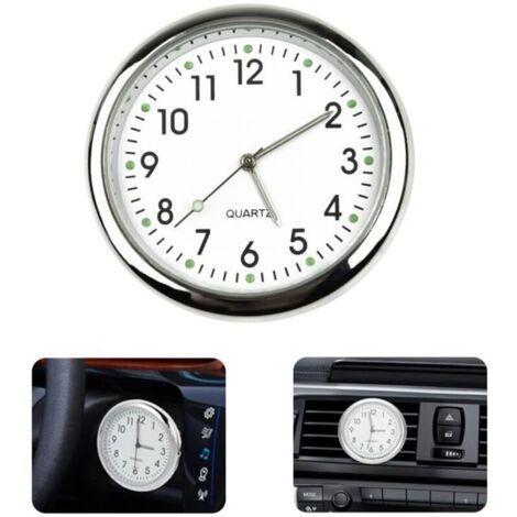 Horloge Ronde de Voiture Blanche Horloge de Voiture Tableau de Bord Lumineux Tableau Bord de Voiture Autocollante Horloge de Voiture à Quartz Convient à Toute de Voiture (Avec Clip de Ventilation)