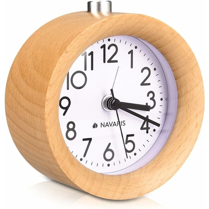 Horloge réveil en Bois - Réveil analogique Classique Rond en Bois Naturel - Horloge à Aiguilles avec Fonction Alarme Snooze et lumière