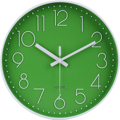 Horloge suspendue moderne, 30 cm de large décorative silencieuse sans dégoulinable chambre quartz circulaire suspension horloge non-vivant salle de cuisine de cuisine - cadre blanc fond vert