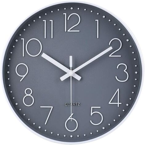 Horloge suspendue moderne, 30 cm de large décorative silencieuse sans dégoulinant le quartz intérieur circulaire suspension horloge non-vie de cuisine de cuisine coque de bureau - cadre blanc fond gri