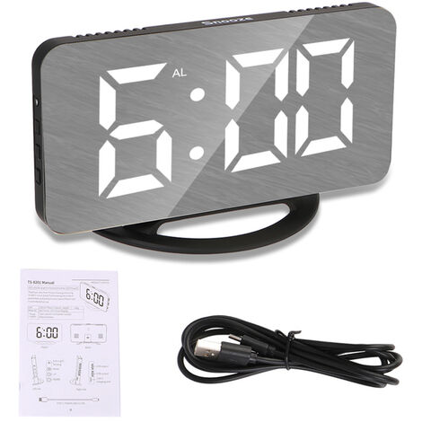 Horloge tactile tactile LED à double port USB, grand miroir, pour enfant, réveil électronique, numérique, pour bureau,Black