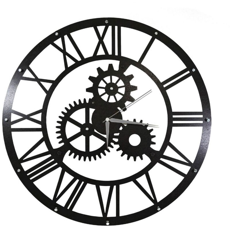 Horloge Murale Vintage, Métal, Noir, Argent, 50x0,16x50 cm