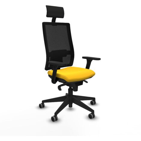 Horna sincro malla negra similpiel amarillo brazos 3D base piramidal cabecero fijo ruedas 65mm engomadas