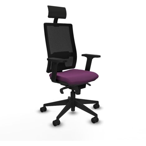Horna sincro malla negra similpiel morado brazos 2D base piramidal cabecero fijo ruedas 65mm nailon