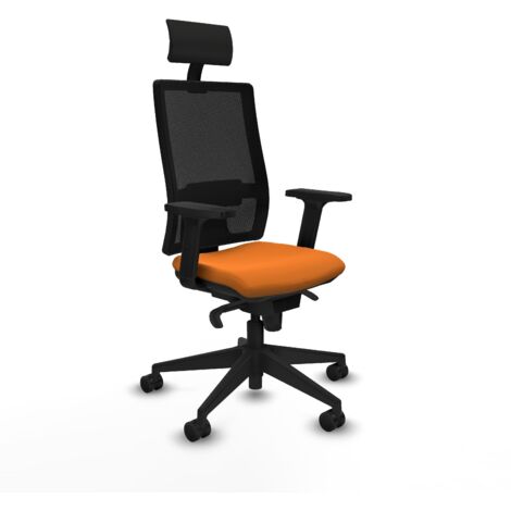 Horna sincro malla negra similpiel naranja brazos 2D base piramidal cabecero fijo ruedas 65mm nailon