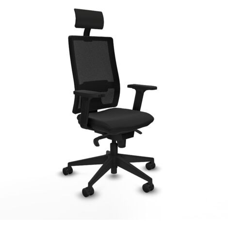 Horna sincro malla negra similpiel negro brazos 2D base piramidal cabecero fijo ruedas 65mm nailon