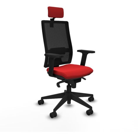 Horna sincro malla negra similpiel rojo brazos 2D base piramidal cabecero 2D ruedas 65mm nailon