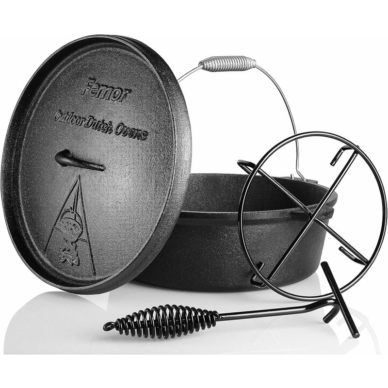 

Horno Holandés, 5,84 litros, con Lavantador de Tapa, Soporte y Asa en Forma de Espiral, Sin patas, Olla de Hierro Fundido para Exteriores e Interiores