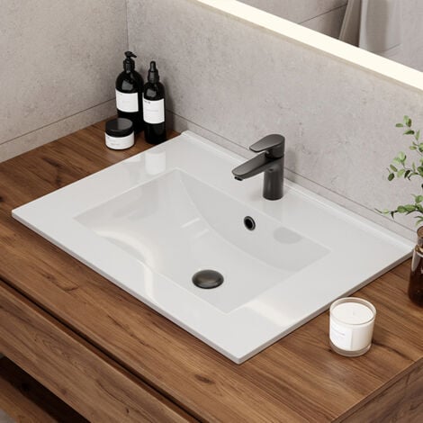 HOROW 60 cm Vasque cémarique Blanc à encastrer, Vasque à encastrer blanche rectangle en céramique