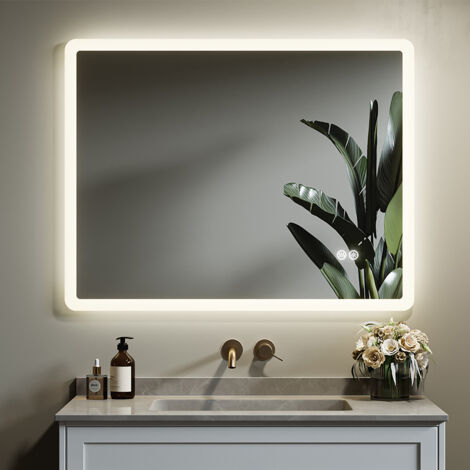 HOROW 90x70cm Miroir de salle de bain LED , Anti-buée fonction, Dimmable, Fonction Mémoire, horizontal/vertical