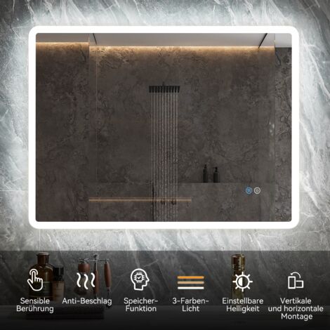 HOROW Badspiegel mit Touch 6500K LED-Beleuchtung eckig, Beschlagfrei, Helligkeit Einstellbar, Memory-Funktion, Horizontal&Vertical 60 x 80 cm
