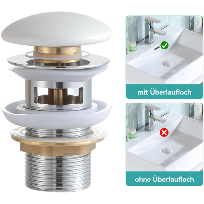 Bonde de Lavabo Pop-up, Vidage Clapet Push Open Pour Lavabo, blanc mat g 1-1/4' - Sans trop-plein - Horow
