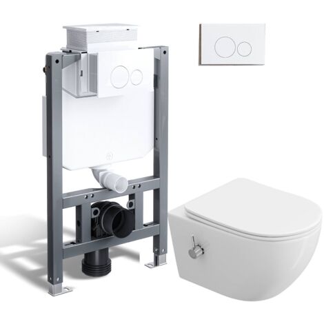 HOROW Ensemble WC douche complet - 82 cm bâti-support WC à réservoir encastré + WC douche sans bride + plaque de chasse d'eau blanche