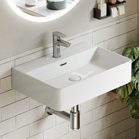 HOROW Lavabo vasque suspendue murale en céramique, vasque à poser rectangulaire avec trou pour robinet et trop-plein pour petites toilettes invités