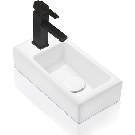 Horow – Lave mains à poser/suspendre compact 37 x 18,5 x 9 cm – Céramique blanche résistante aux taches – Installation murale – Trou robinet à gauche