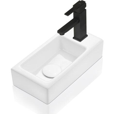 Horow – Lave mains suspendu en céramique blanc – Dimensions 37 x 18,5 x 9 cm – Trou robinet à droite – Installation murale facile