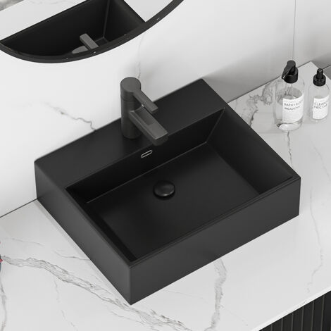 HOROW Matt Schwarz Hänge Waschbecken 50.5x42 CM  Keramik Aufsatzwaschbecken, Badzimmer Waschtisch für Gäste WC