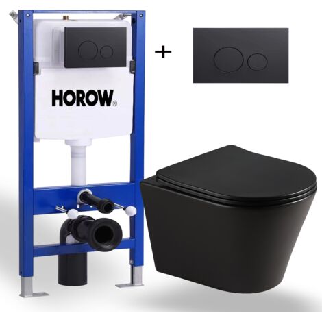 HOROW Mattschwarz Hänge WC Wand Toiletten Komplettpaket WC Einloch-Superspin-Spülung + Vorwandelement + Betätigungsplatte