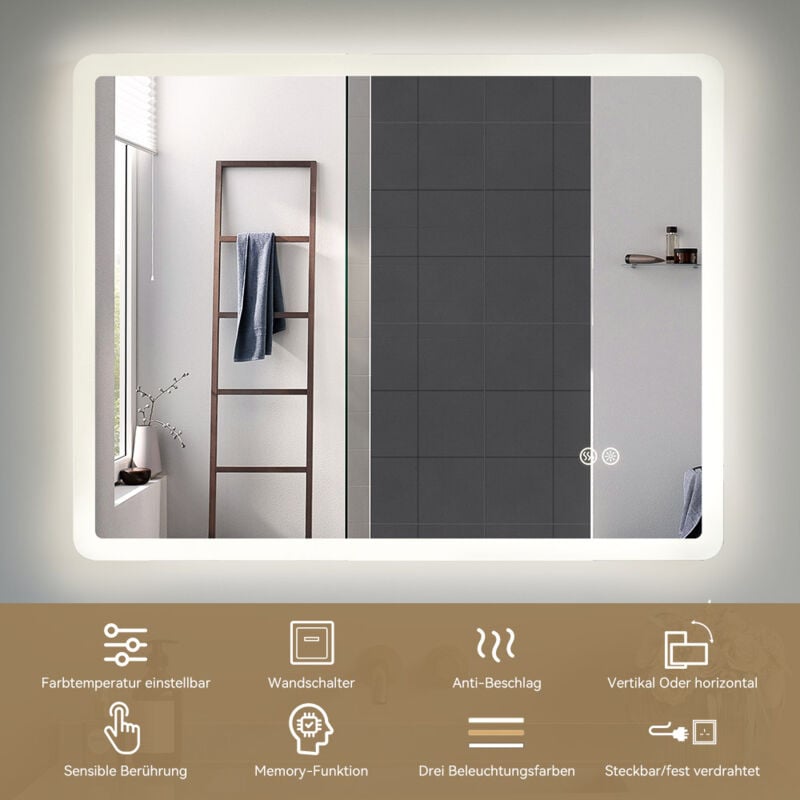 Horow - Miroir de salle de bain led Miroir avec Rétro-éclairage led 70x90cm Interrupteur Tactile, Anti-buée Lumière Blanche Froide/Chaude/Neutre
