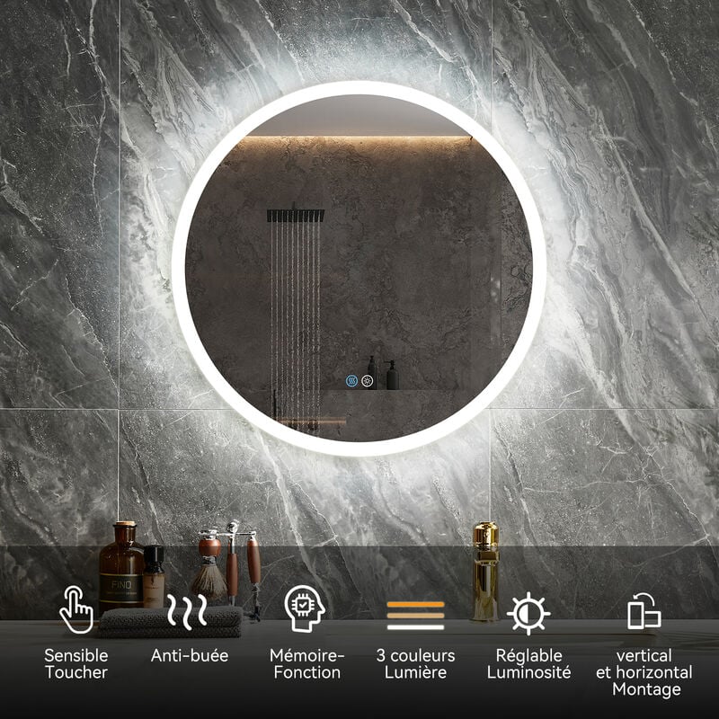 Horow - Miroir Rond Salle de Bain avec Éclairé 60cm Antibuée Lumineux led Miroir Mural, Interrupteur Tactile - Blanc Froid/Chaud/Neutre