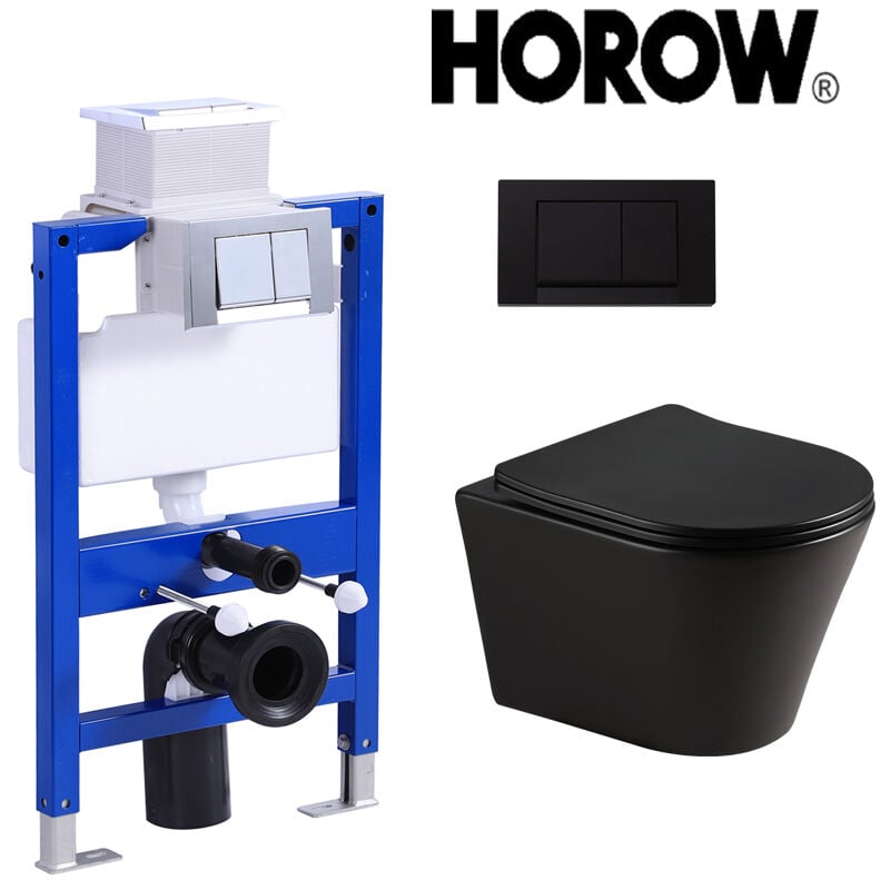Pack bati-support UWT02L + Plaque de poussée carrée chromée noire + cuvette suspendue wc suspendu sans rebord, wc en céramique noir mat - Horow