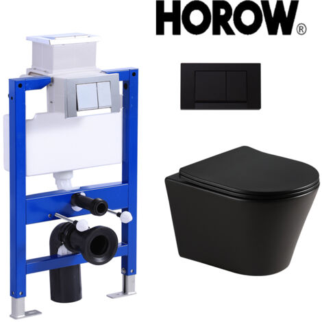 HOROW pack bati-support UWT02L + Plaque de poussée carrée chromée noire + cuvette suspendue WC suspendu sans rebord, WC en céramique noir mat