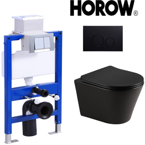 HOROW pack bati-support UWT02L + Plaque de poussée ronde chromée noire + cuvette suspendue WC suspendu sans rebord, WC en céramique noir mat