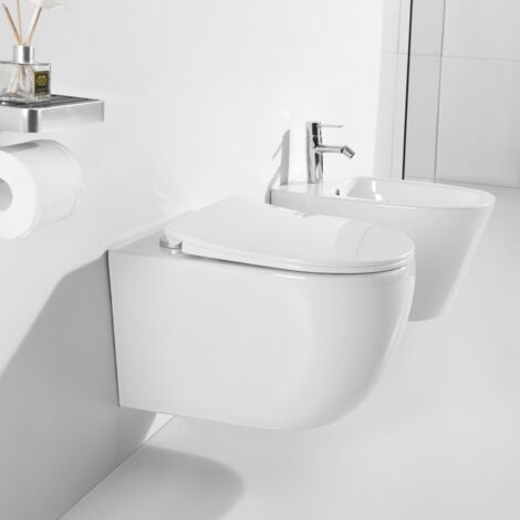HOROW Spülrandlo Toilette Wand Hänge WC Keramik und Bidet Set mit WC-Sitz Softclose
