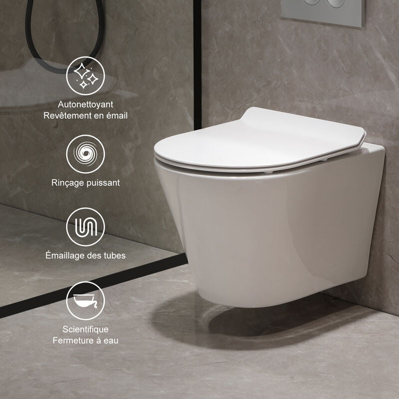 Horow - Toilette Suspendu sans Rebord, blanc, avec Siège wc Amovible en , Softclose Abaissement Automatique, Chasse d'eau Profonde Saillie Courte 49