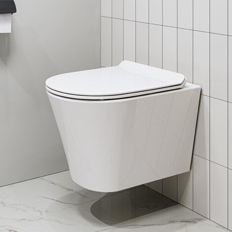 Horow – Toilette suspendue céramique sans rebord – Chasse d'eau super-puissante – Abattant avec système d'abaissement automatique – Dimensions 600x465x540mm