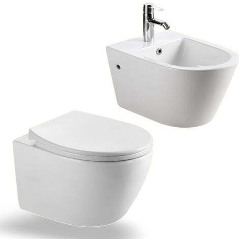 HOROW Toilette und Bidet Set Spülrandlos Hänge Wand WC mit softclose WC-Sitz abnehmbar + Hänge Bidet
