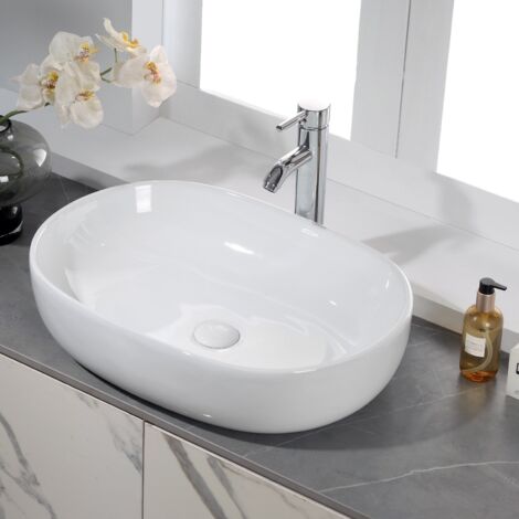 Horow – Vasque ovale blanche à poser sur plan – Lavabo moderne céramique 590 × 410 × 145mm – Surface lisse résistante aux rayures
